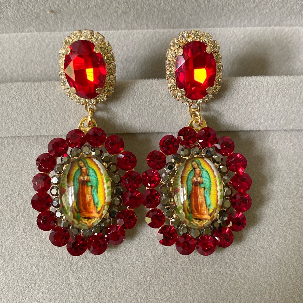 Virgen Mary Rhinestones Oval Drop Earrings